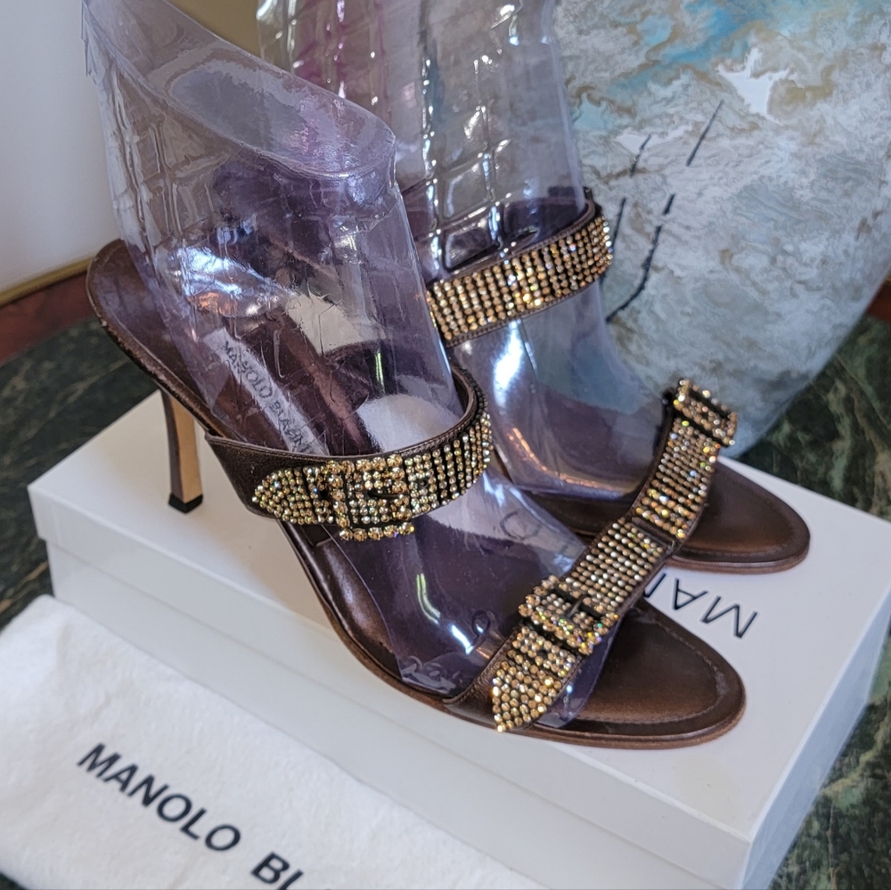 MANOLO BLAHNIK JOLIE BRONZE LEATHER CRYSTAL HIGH HEEL SLIDE SANDALS 40.5  9 $995